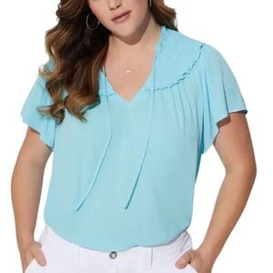 Torrid Washable Gauze Smocked Yoke Ruffled Short Sleeve Blouse Top 1X Blue Topaz